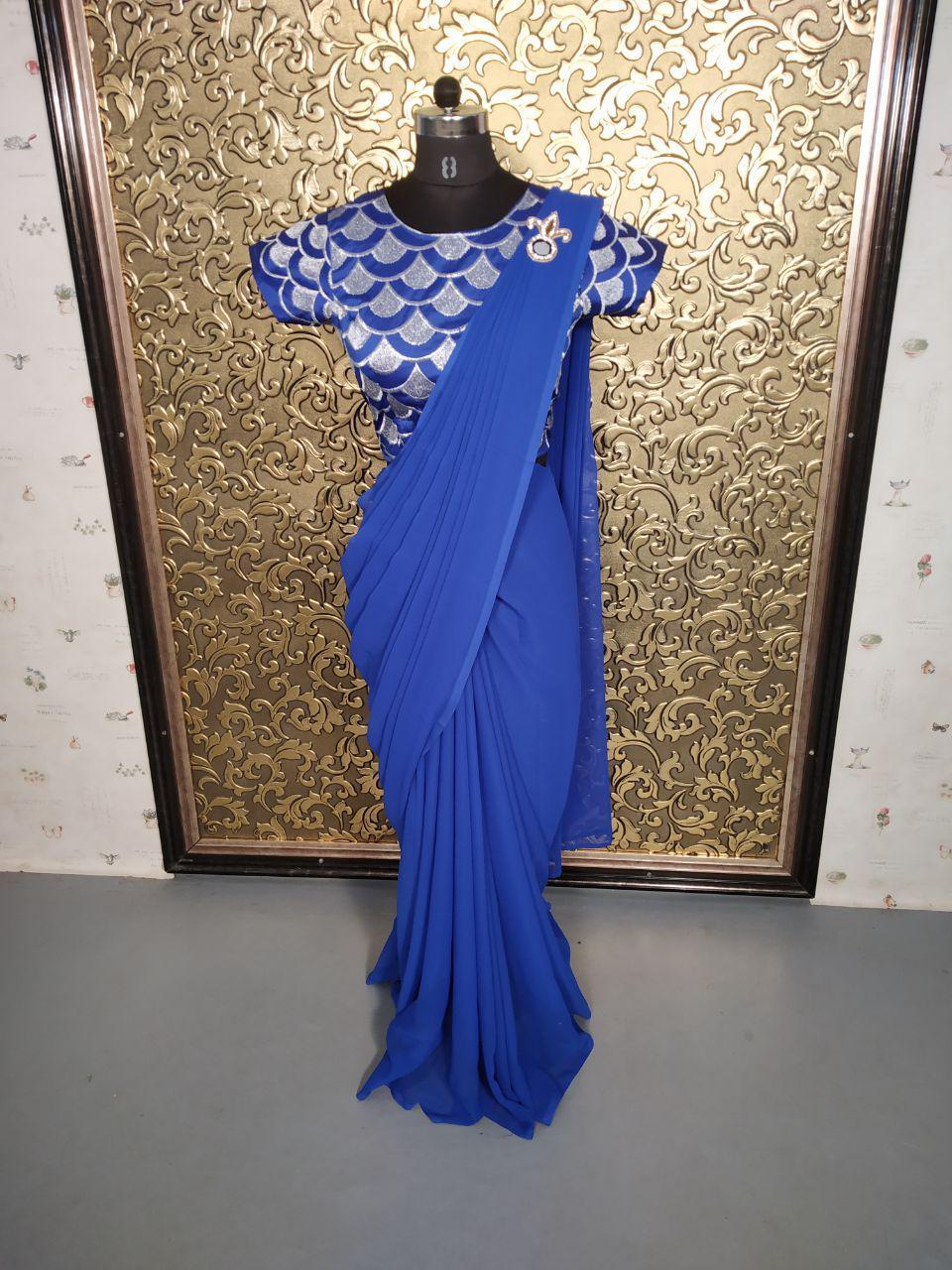 Royal Blue fancy fabrics fancy lace Saree With Blouse Piece. - VALAM PRINTS  - 3517446