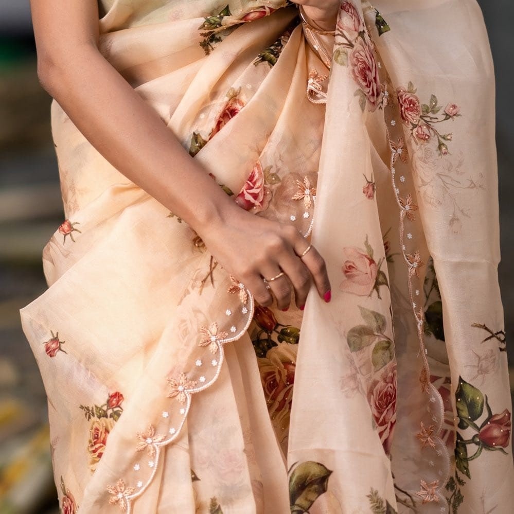 Moti Hand Khatali Work Pure Soft Organza Printed Designer Saree For Wedding