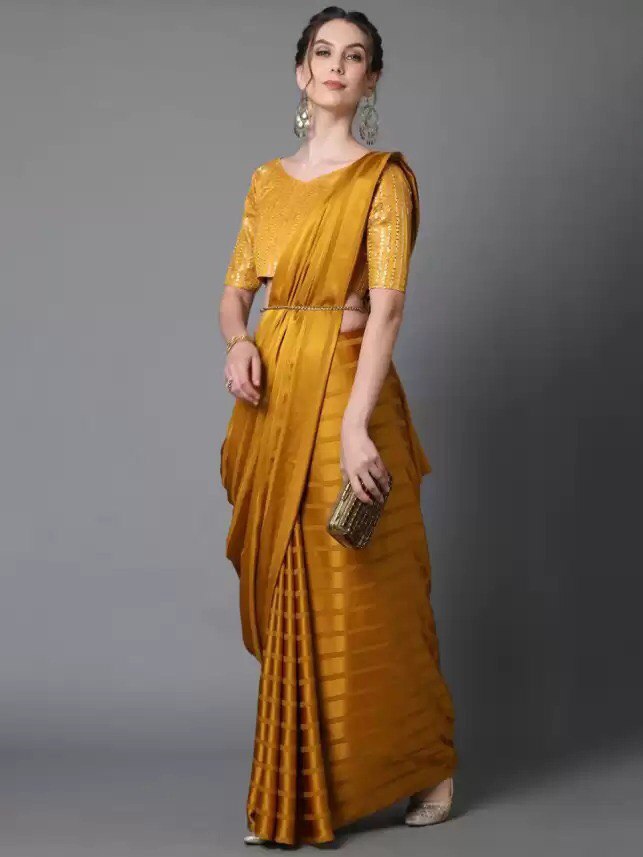 Beautiful Satin Patta Saree With Sequence Work Blouse For Party Wear