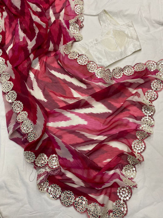 Pink Color Heavy Chinnon Digital Print Saree with Border Lace Work