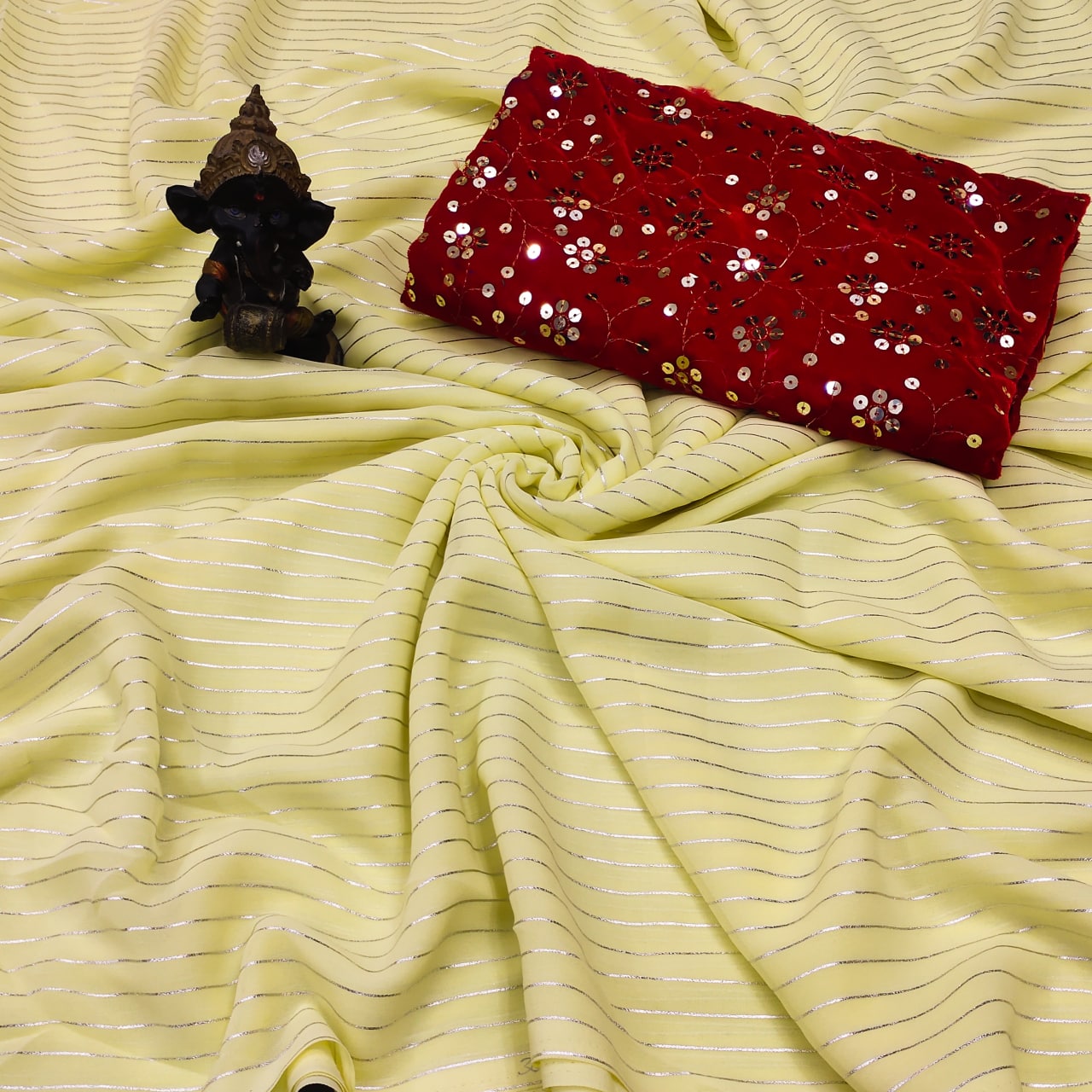 Party Wear Light Color Georgette All Over Foil Print Designer Sari with Velvet Work Blouse
