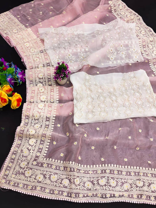 Beautiful Heavy Organza Silk Decorate With Embroidered Lace Border Saree