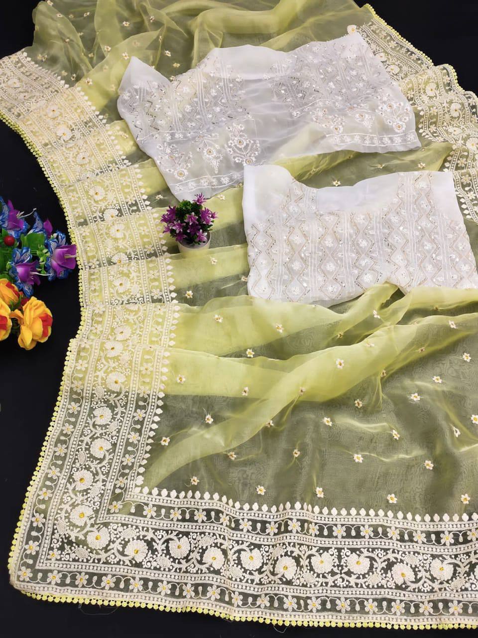 Beautiful Heavy Organza Silk Decorate With Embroidered Lace Border Saree