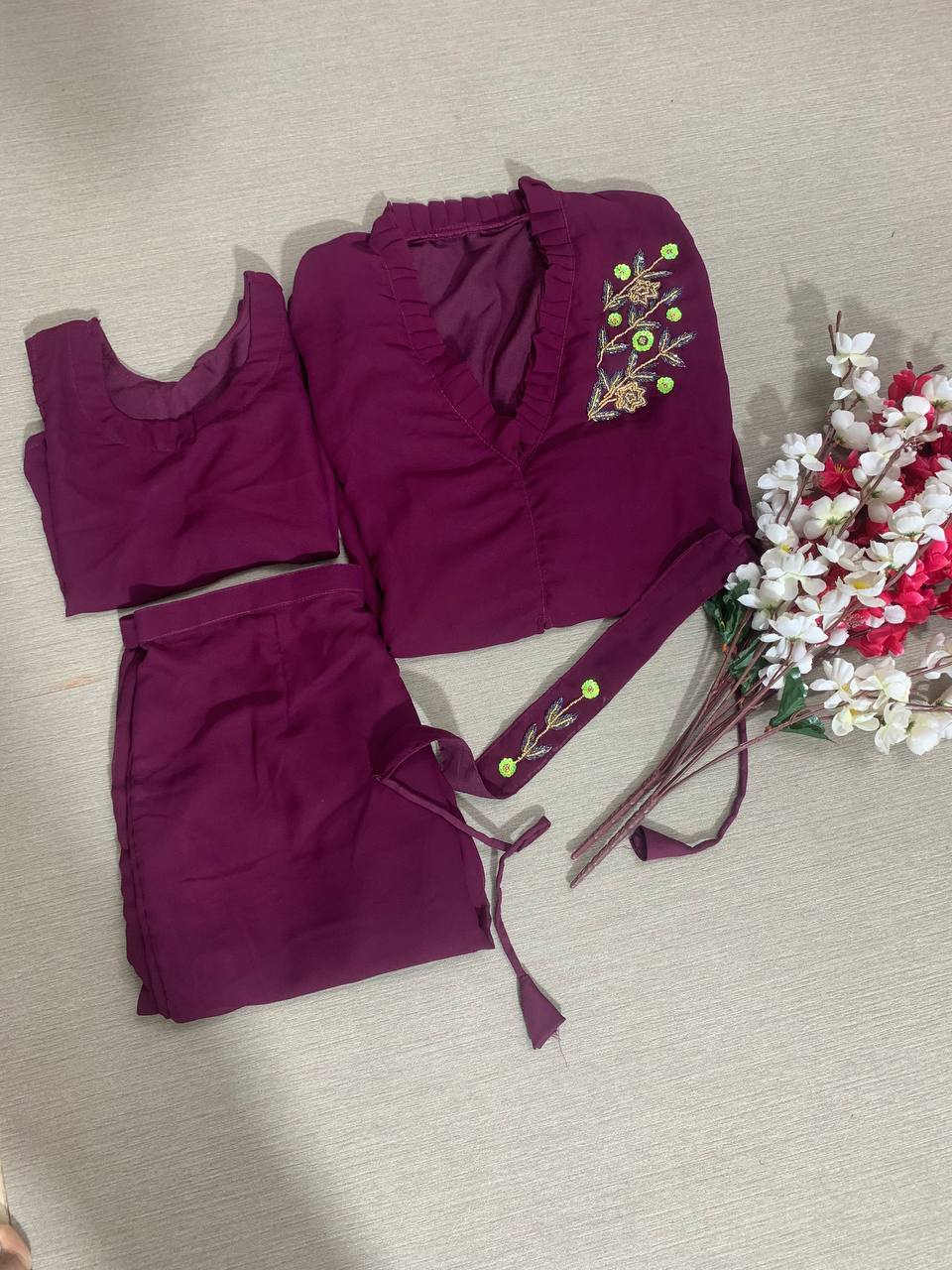 Amazing Wine Color Georgette Handwork Top with Pant For Girls Wear