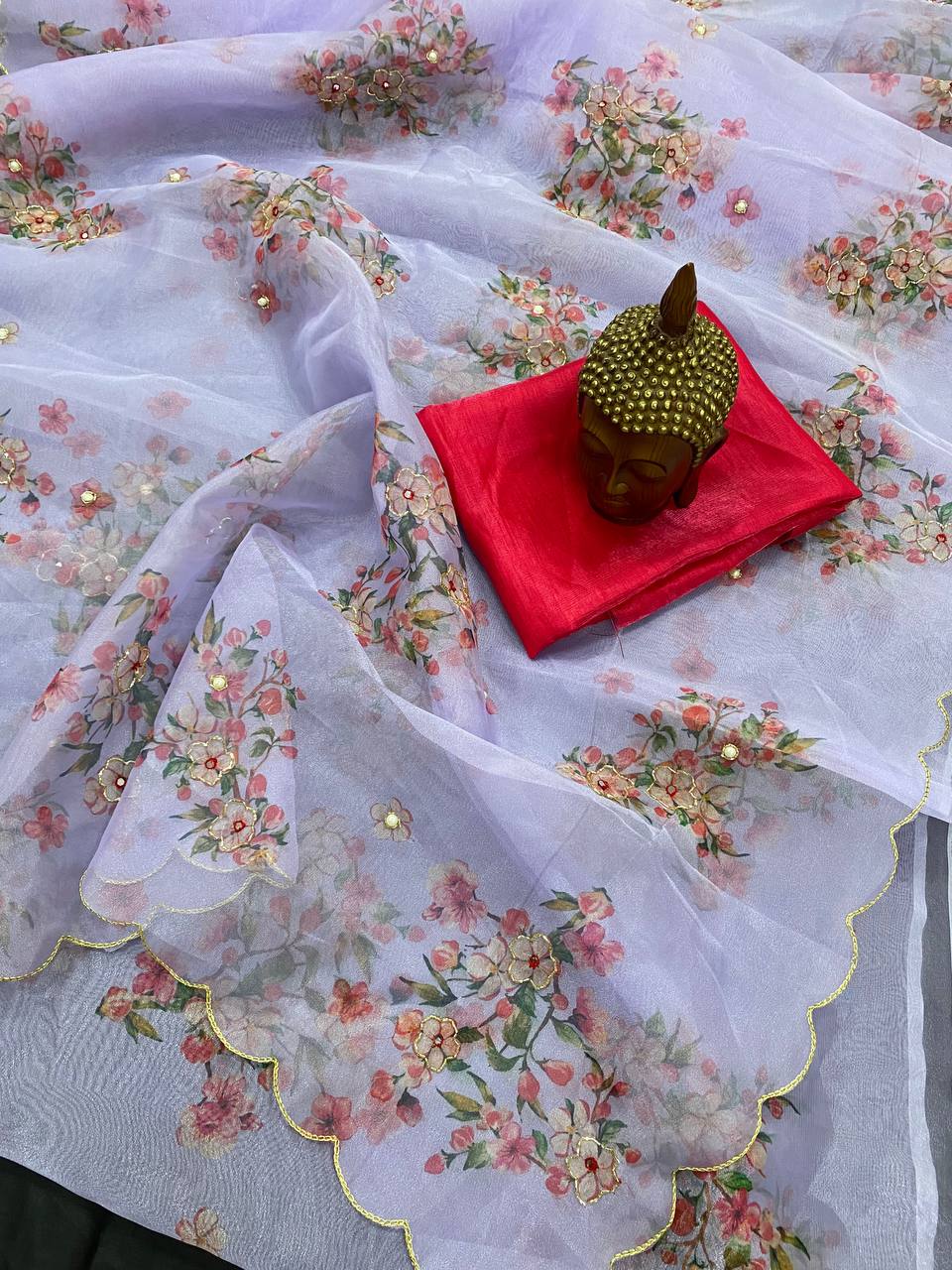 Beautiful Organza Silk Print Handwork Saree with Contrast Blouse