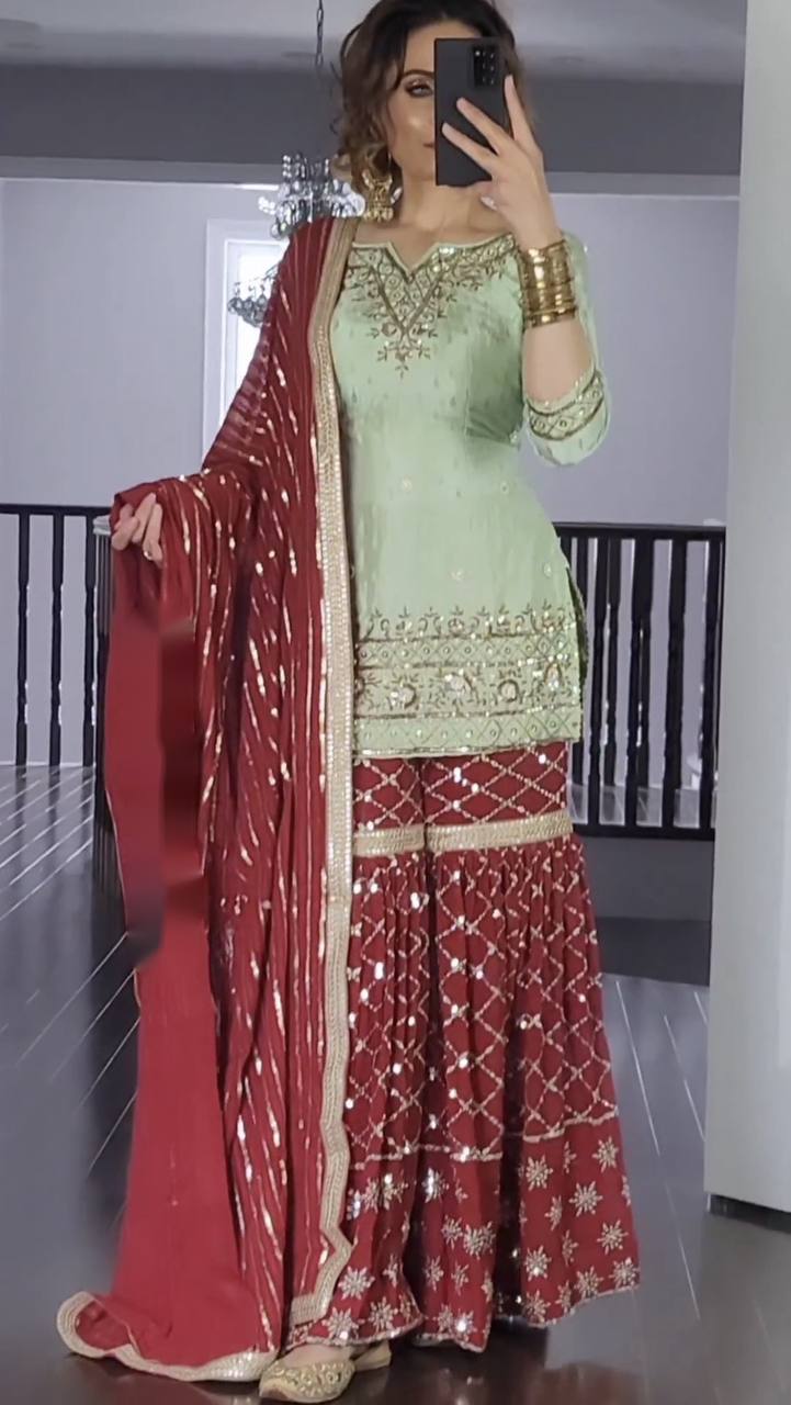 Georgette With Heavy 5mm Embroidery Sequence Work Sharara Suit