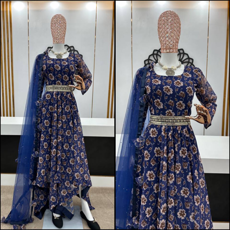 Faux Georgette With Digital Print Work With Full Sleeve And Fancy Style Fully 8 Meter Diamond Cut Flair With Attached Pad And Fancy Belt