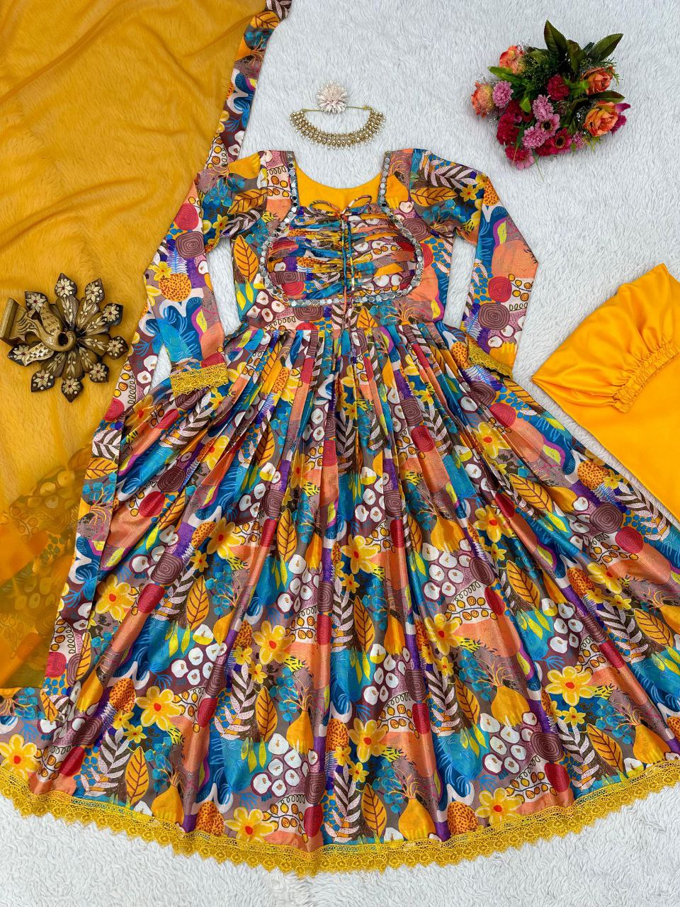 Yellow Chinon Silk Printed Ready to Wear Gown