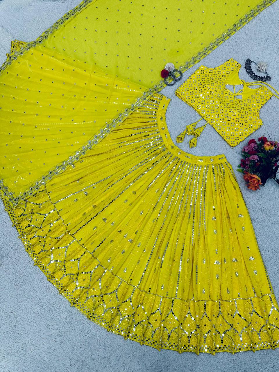 Elegant Yellow Colour Sequence Embroidary Work Lehenga Choli With Can Can And Beautiful Desinger Blouse