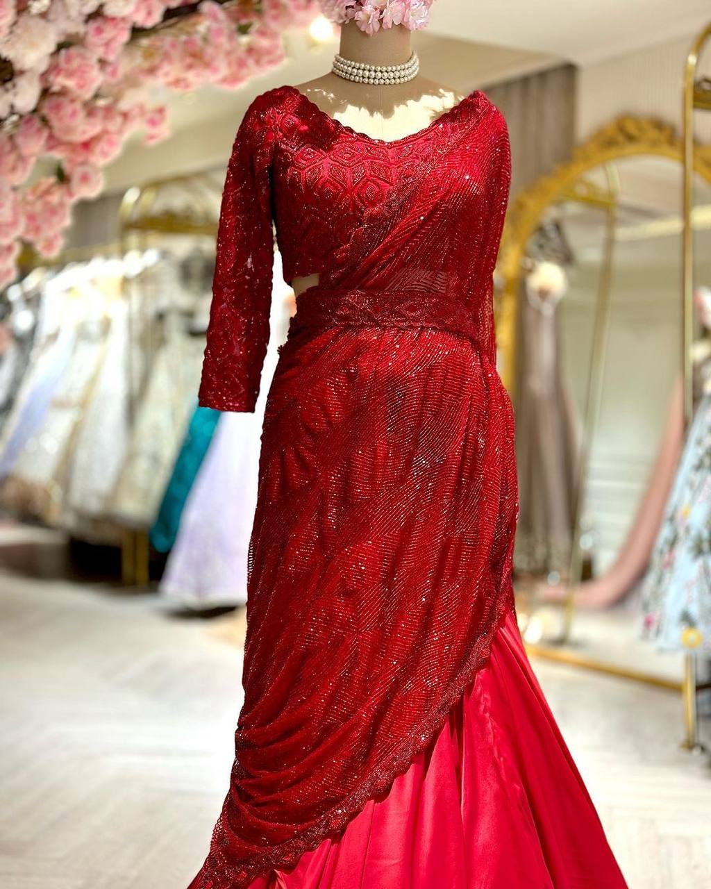 Red Colour Satin Silk Western Wear Saree Lehenga