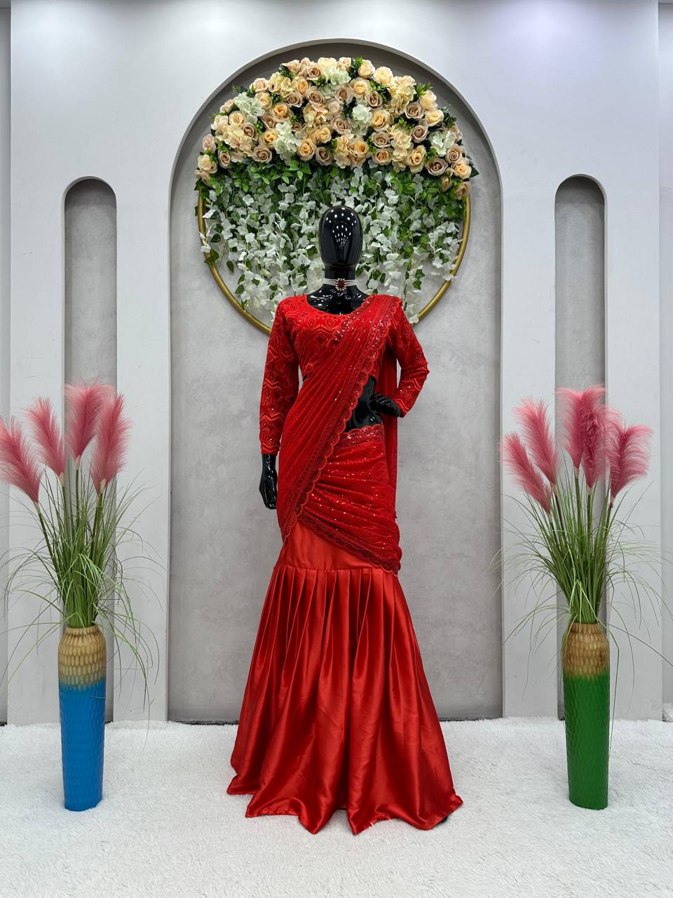 Red Colour Satin Silk Western Wear Saree Lehenga