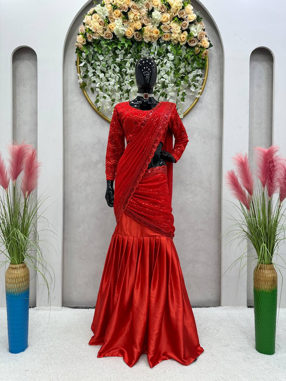 Red Colour Satin Silk Western Wear Saree Lehenga