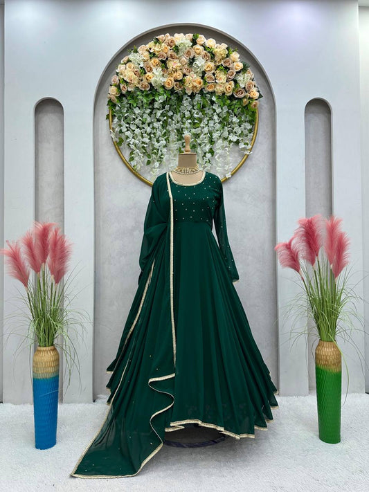 Amezing Green Colour Full Stiched Moti Worked Gown With Beautiful Lace