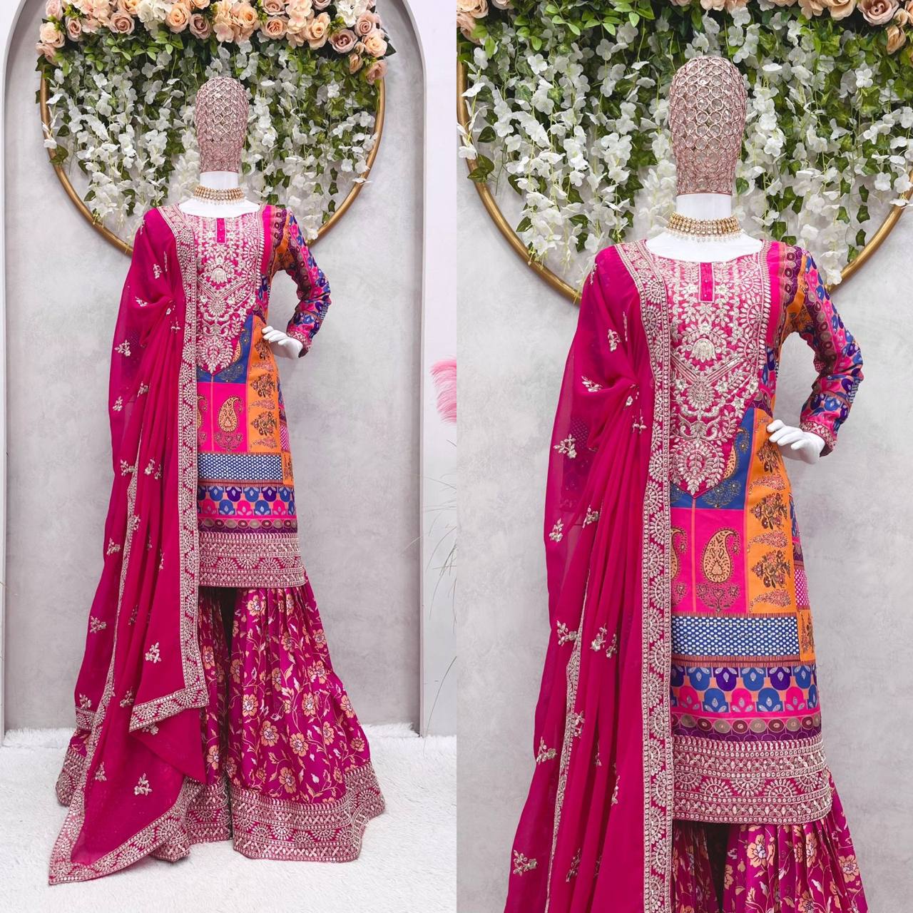 Designer Pink Colour Thread And Sequence Worked Full Stiched Sharara Suit With Georgette Duppata