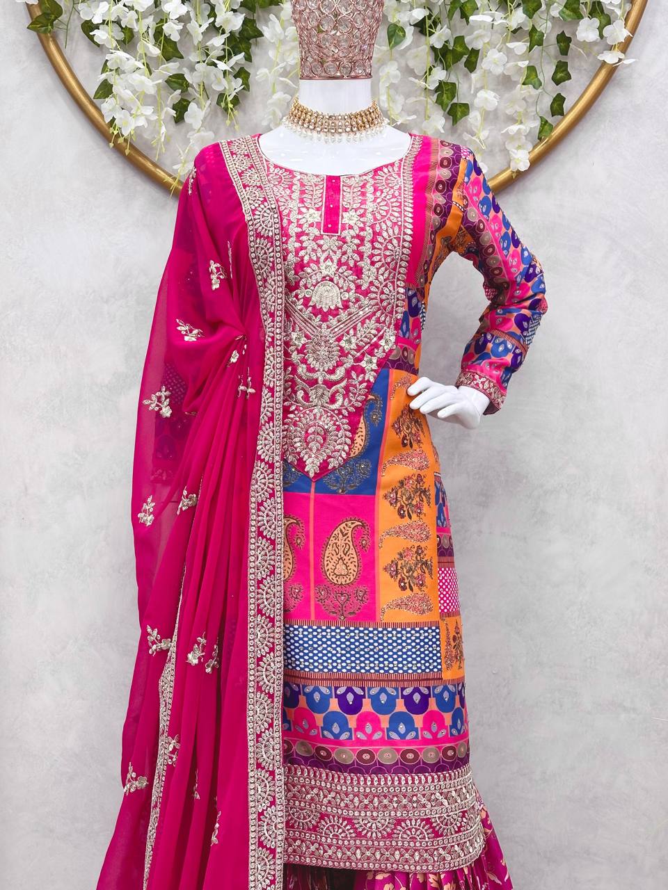 Designer Pink Colour Thread And Sequence Worked Full Stiched Sharara Suit With Georgette Duppata