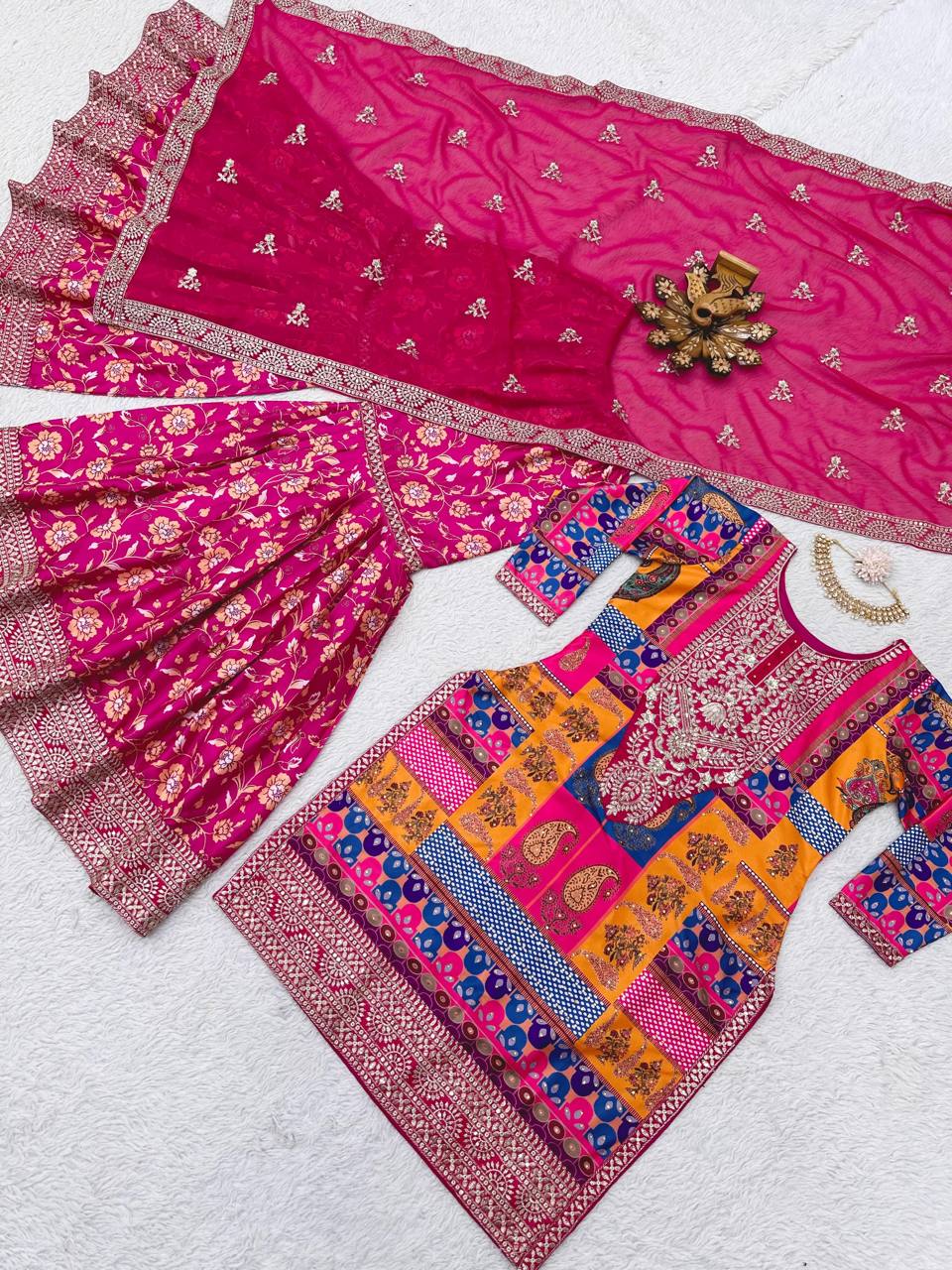 Designer Pink Colour Thread And Sequence Worked Full Stiched Sharara Suit With Georgette Duppata