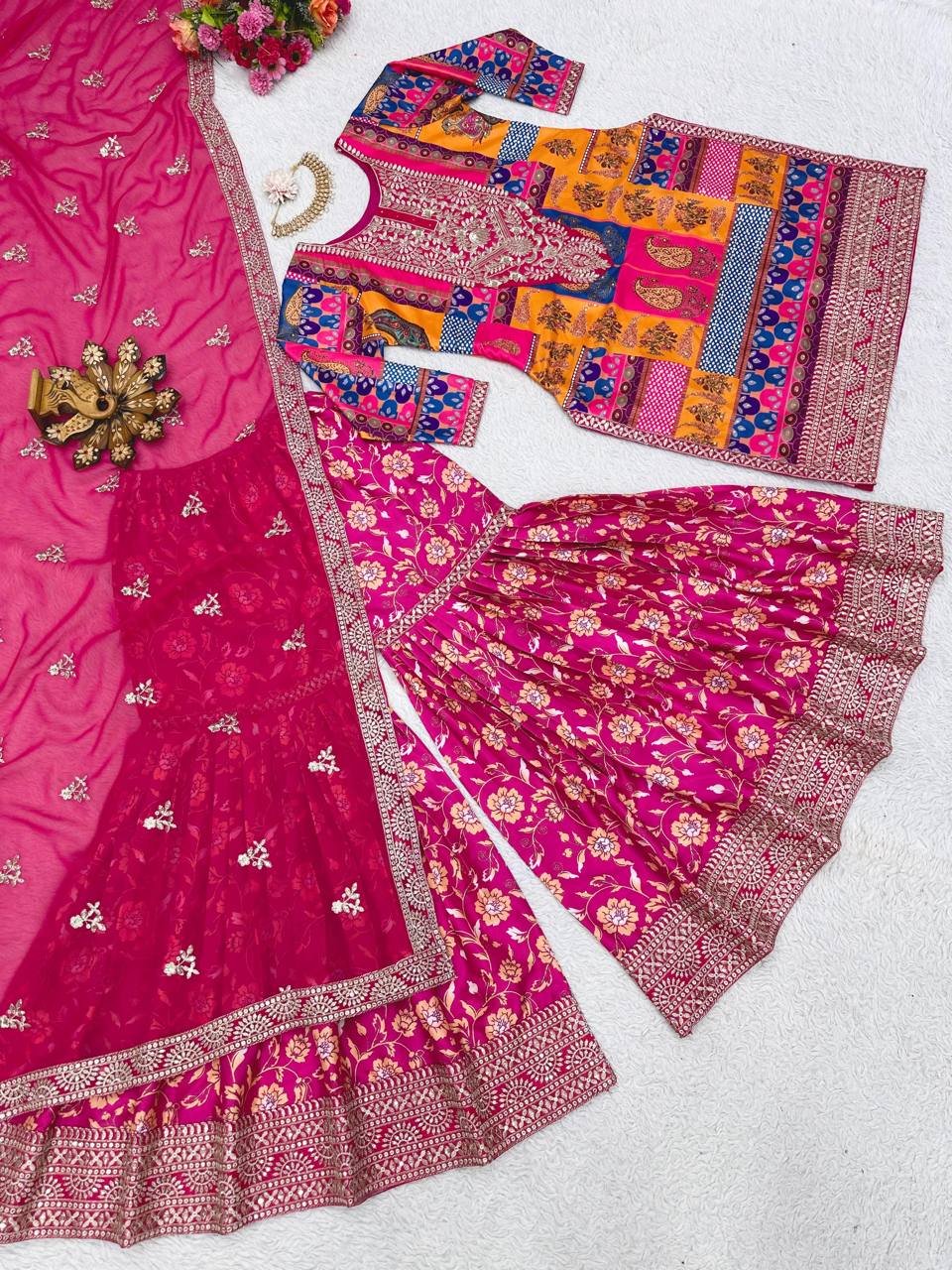 Designer Pink Colour Thread And Sequence Worked Full Stiched Sharara Suit With Georgette Duppata