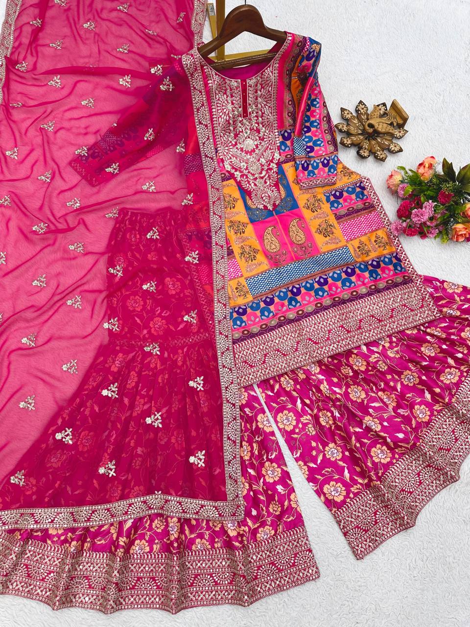 Designer Pink Colour Thread And Sequence Worked Full Stiched Sharara Suit With Georgette Duppata