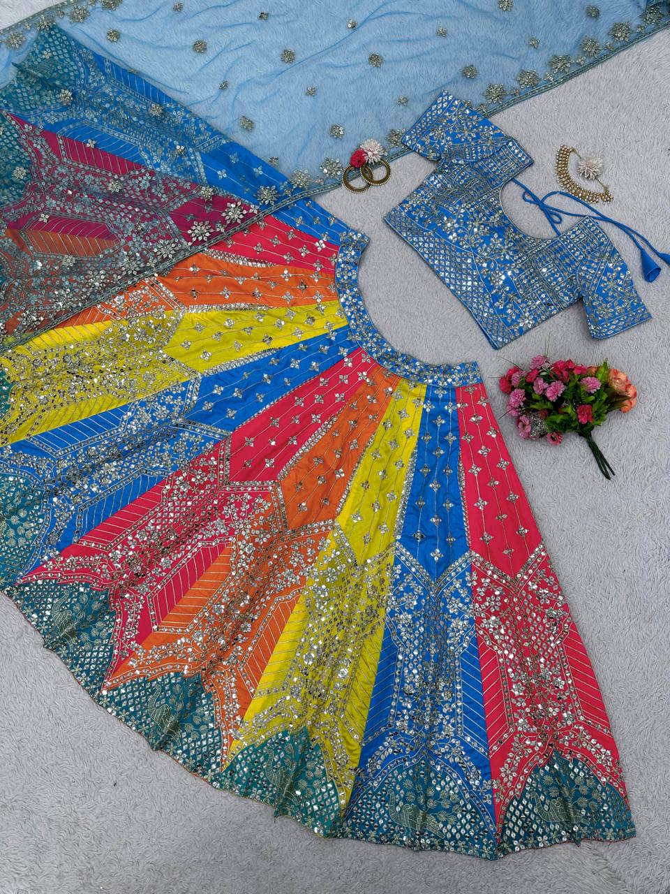 Multi Colour Embroidary And Sequence Work Lehenga Choli With Beautiful Duppata