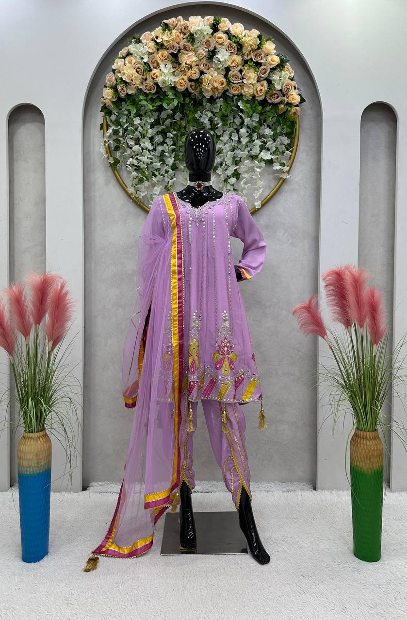 Beautiful Designer Outfit On Chinon Silk Febric With 9MM Sequnce And Thred Work Dhoti Suit