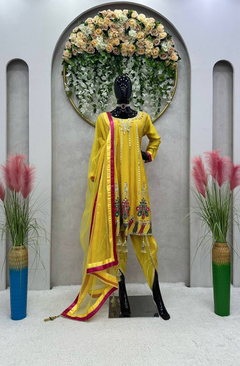 Beautiful Designer Outfit On Chinon Silk Febric With 9MM Sequnce And Thred Work Dhoti Suit