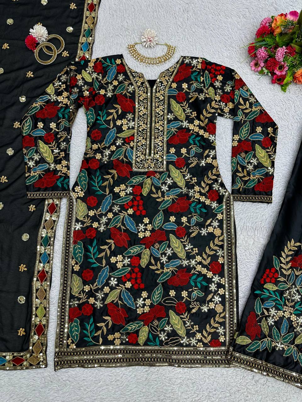 Designer Sequnce With Thred Work Tafeta Satin Febric Suit With Thred Work Dupatta