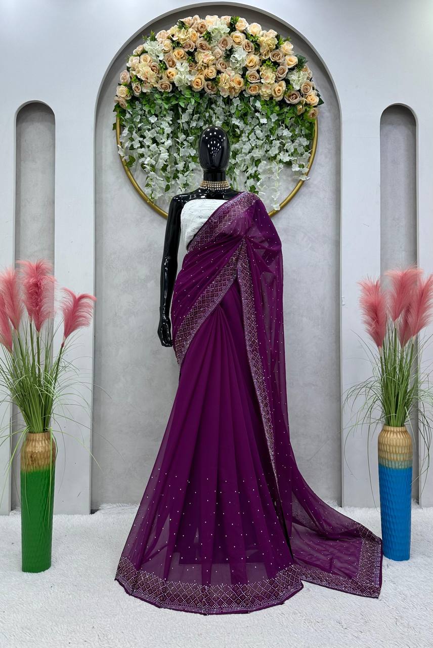 New Hot Fix Daimond Worked Georgette Wedding Wear Saree With Amezing Designer Blouse
