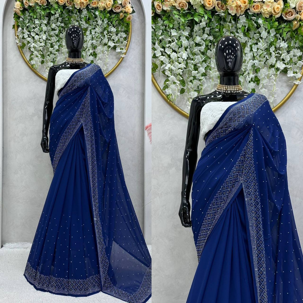 New Hot Fix Daimond Worked Georgette Wedding Wear Saree With Amezing Designer Blouse