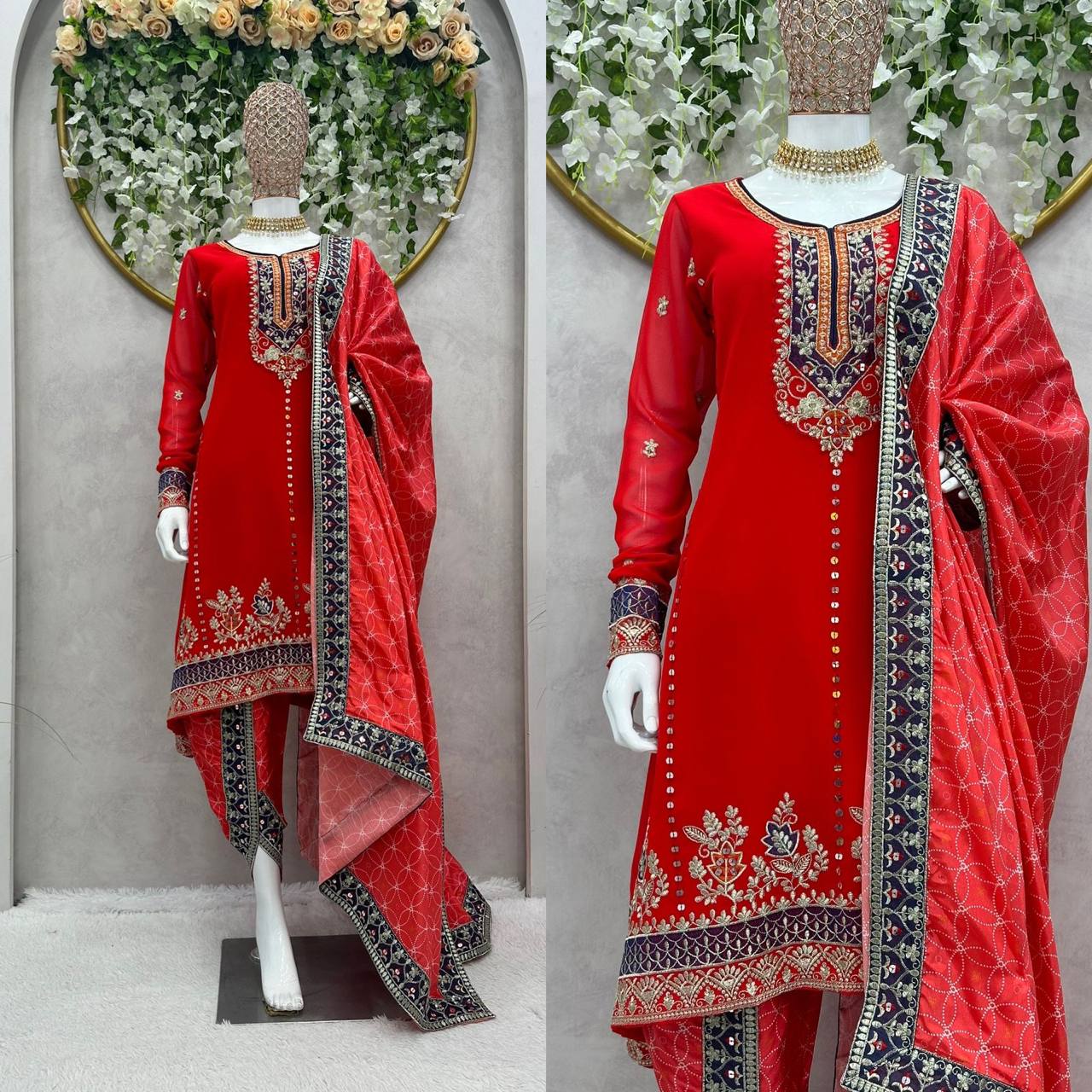 Red Colour Pinted And Embroidary Sequence Worked Stiched Dhoti Suit With Printed Duppta