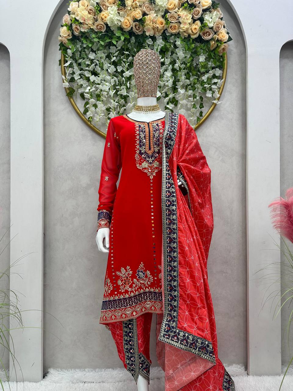 Red Colour Pinted And Embroidary Sequence Worked Stiched Dhoti Suit With Printed Duppta