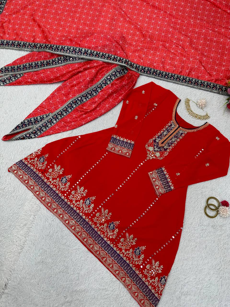 Red Colour Pinted And Embroidary Sequence Worked Stiched Dhoti Suit With Printed Duppta