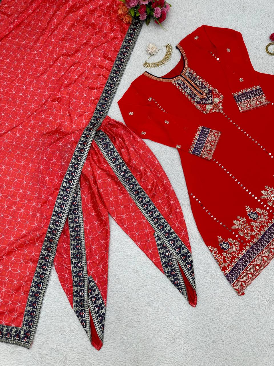 Red Colour Pinted And Embroidary Sequence Worked Stiched Dhoti Suit With Printed Duppta