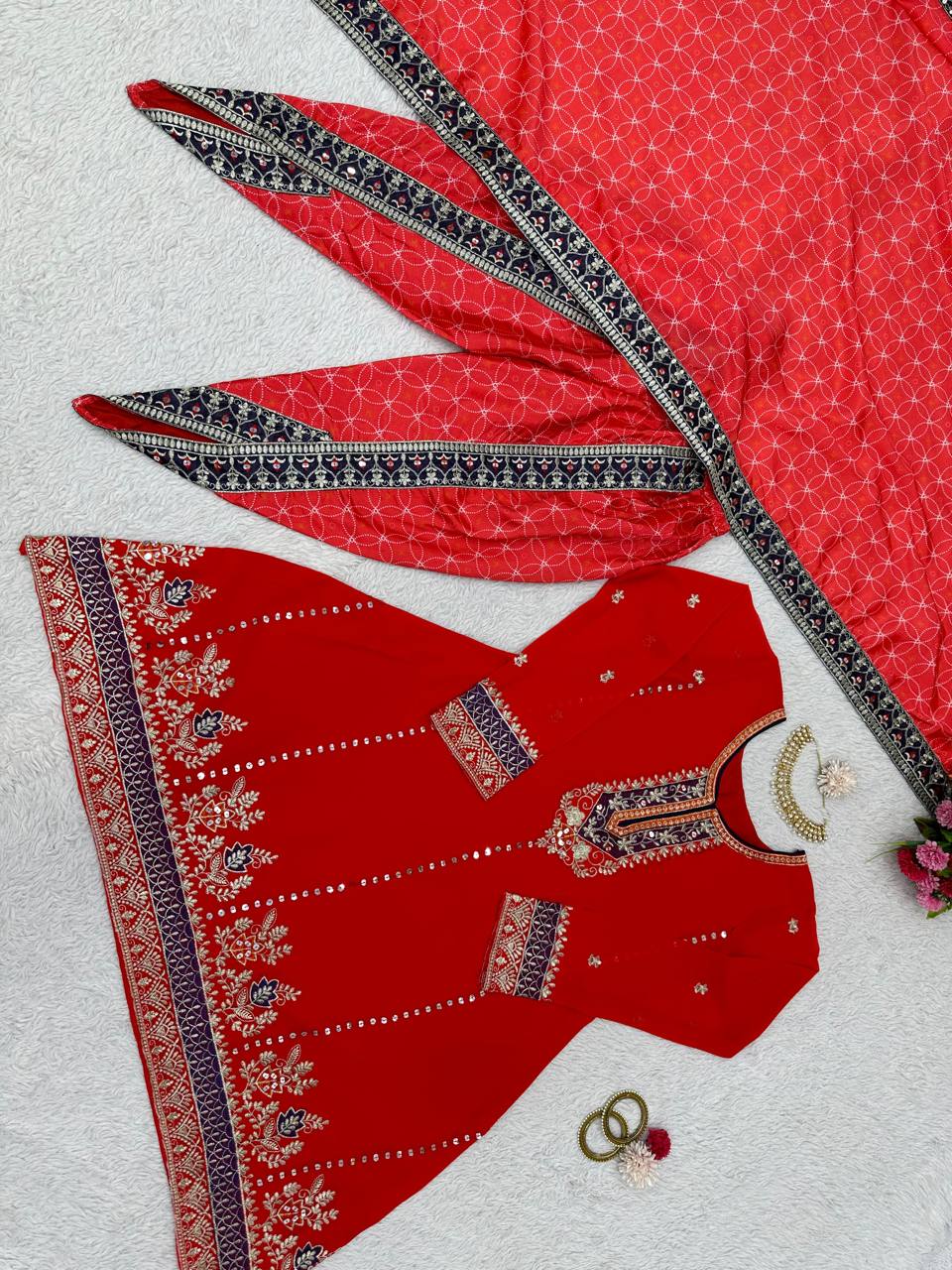 Red Colour Pinted And Embroidary Sequence Worked Stiched Dhoti Suit With Printed Duppta