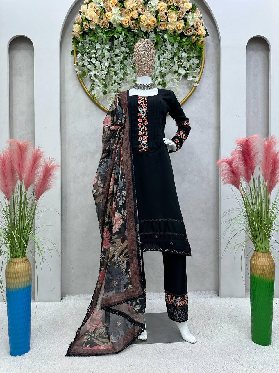 Maslin Fabric Thread And Sequence Worked With GPO Lace Border Stiched Salwar Suit