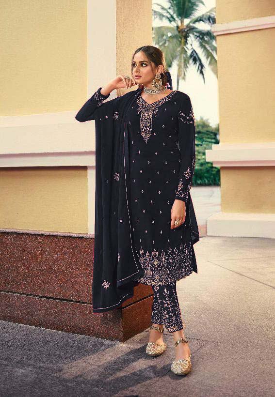Georgette With Thread Embroidery Work & Stone Work Straight Cut Slawar Suit
