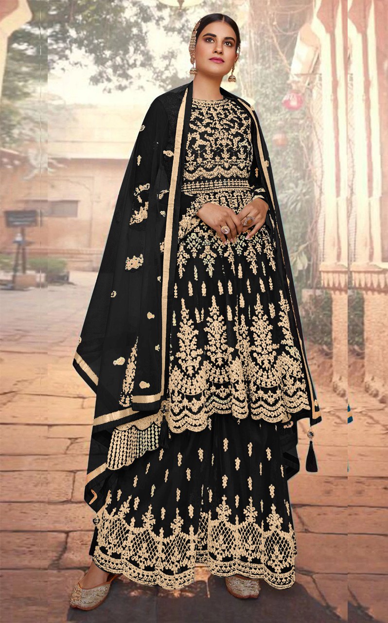 Heavy Butterfly Net With Coadding Embroidery And Stone Work Sharara Suit
