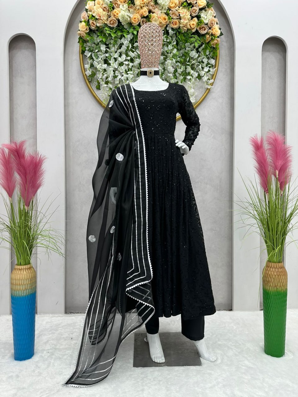 Georgette Chikan Work Full Stiched Suit With Orgenza Duppta