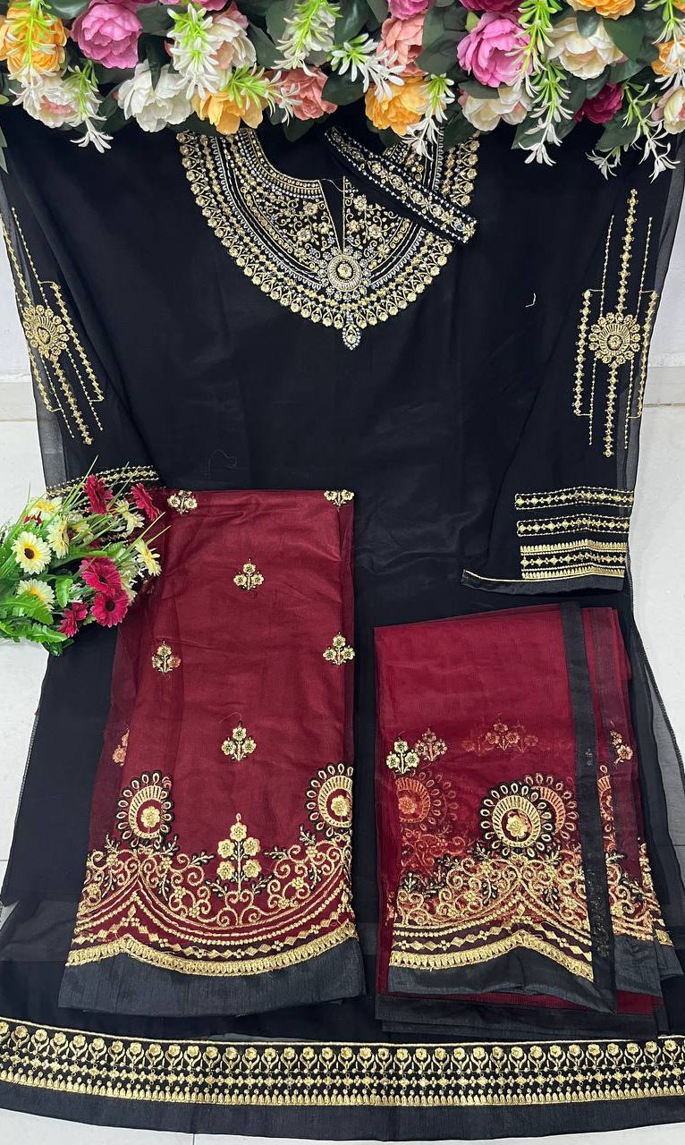 Amazing Georgette Embroidery Work Semi Stiched Salwar Plazo Suit With Beautiful Duppata