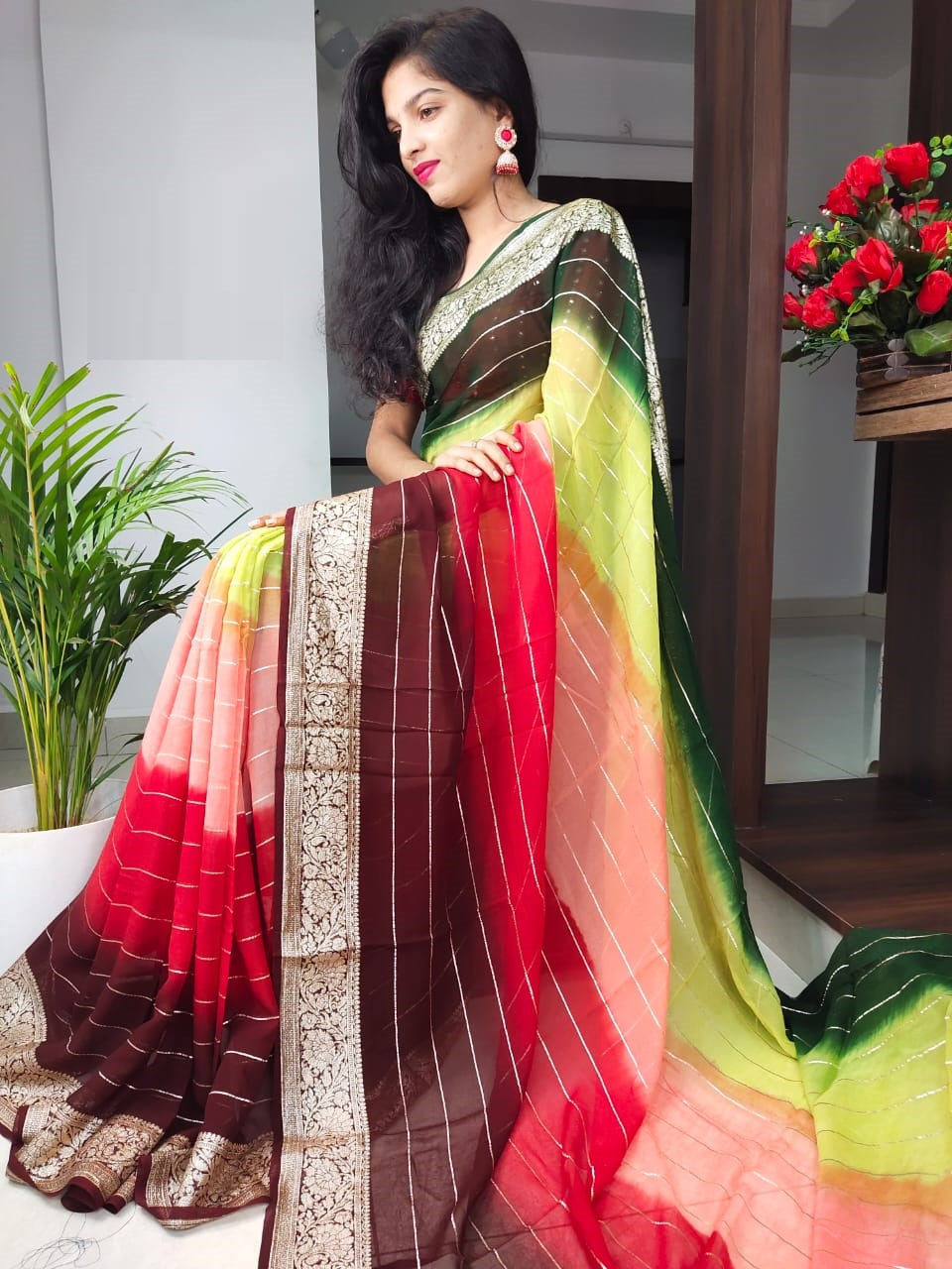 Party Wear Pure Smooth Georgette With Zari Strip All Over Saree