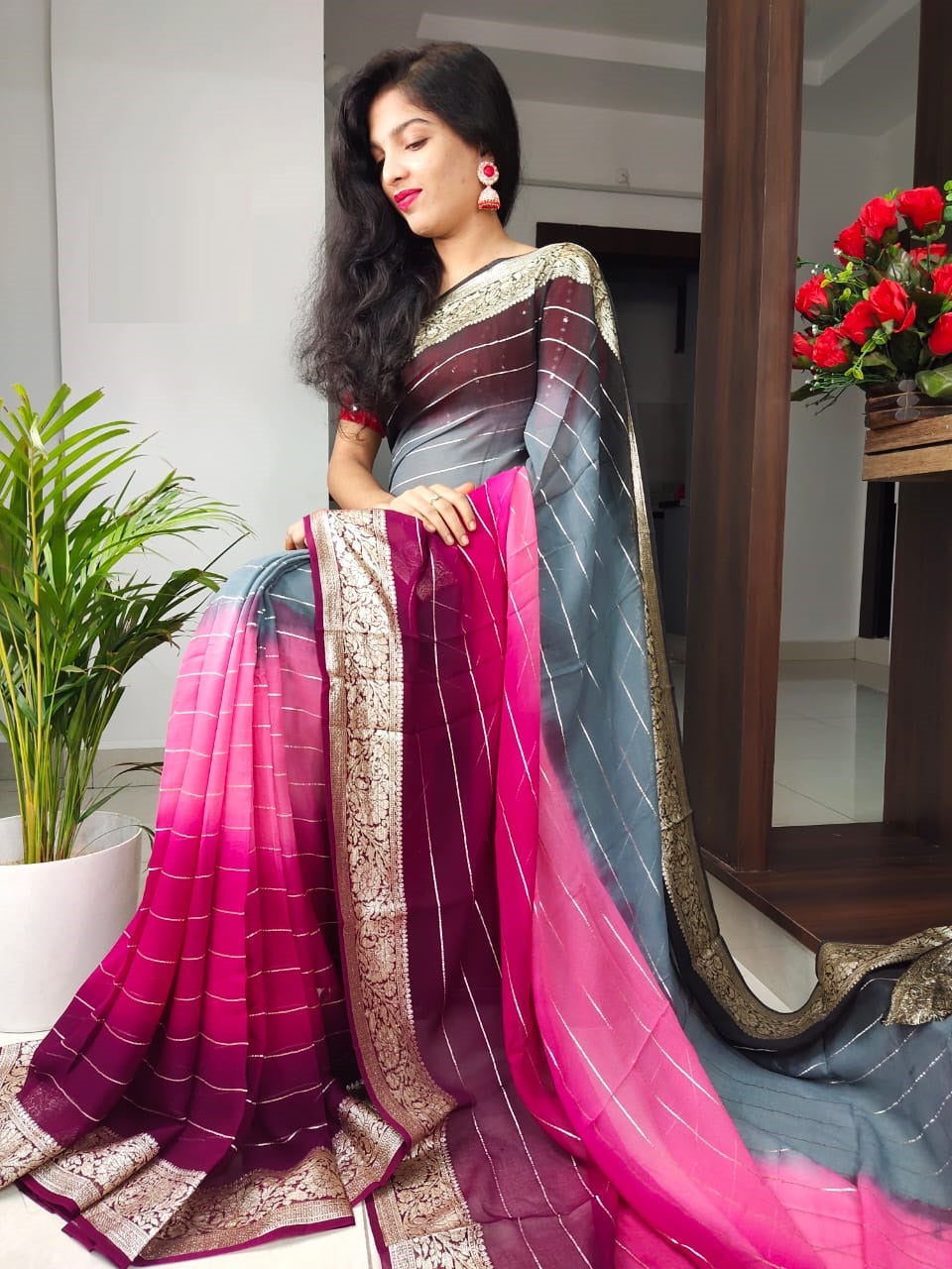 Party Wear Pure Smooth Georgette With Zari Strip All Over Saree