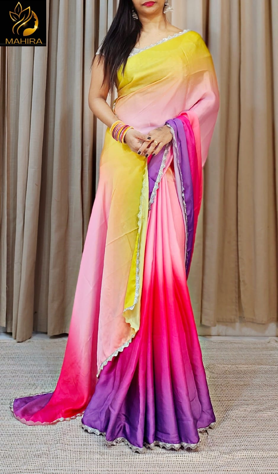 Siroski Work Satin Silk Multi Color Saree Blouse