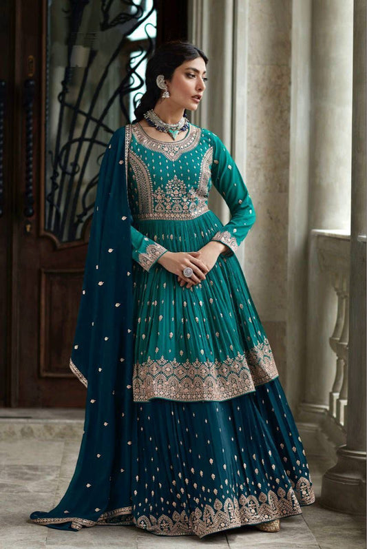 Party Wear Firozi Color Full Stitched Georgette Sharara Suit For Women
