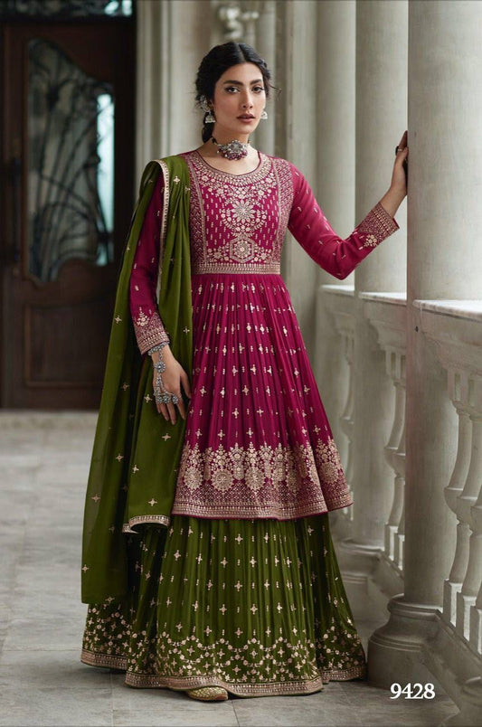 Wedding Wear Pink Green Combination Full Stitched Georgette Sharara Suit