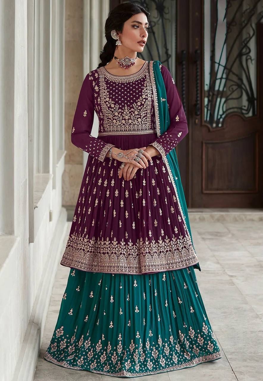 Beautiful Wine Firozi Color Full Stitched Georgette Sharara Suit For Women