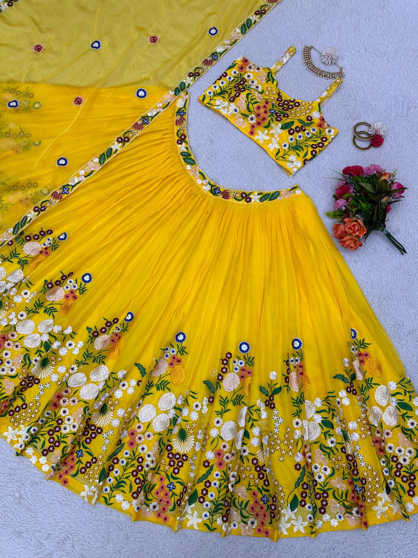 Haldi Function Tuby Silk Embroidered Semi Stitched Lehenga Choli