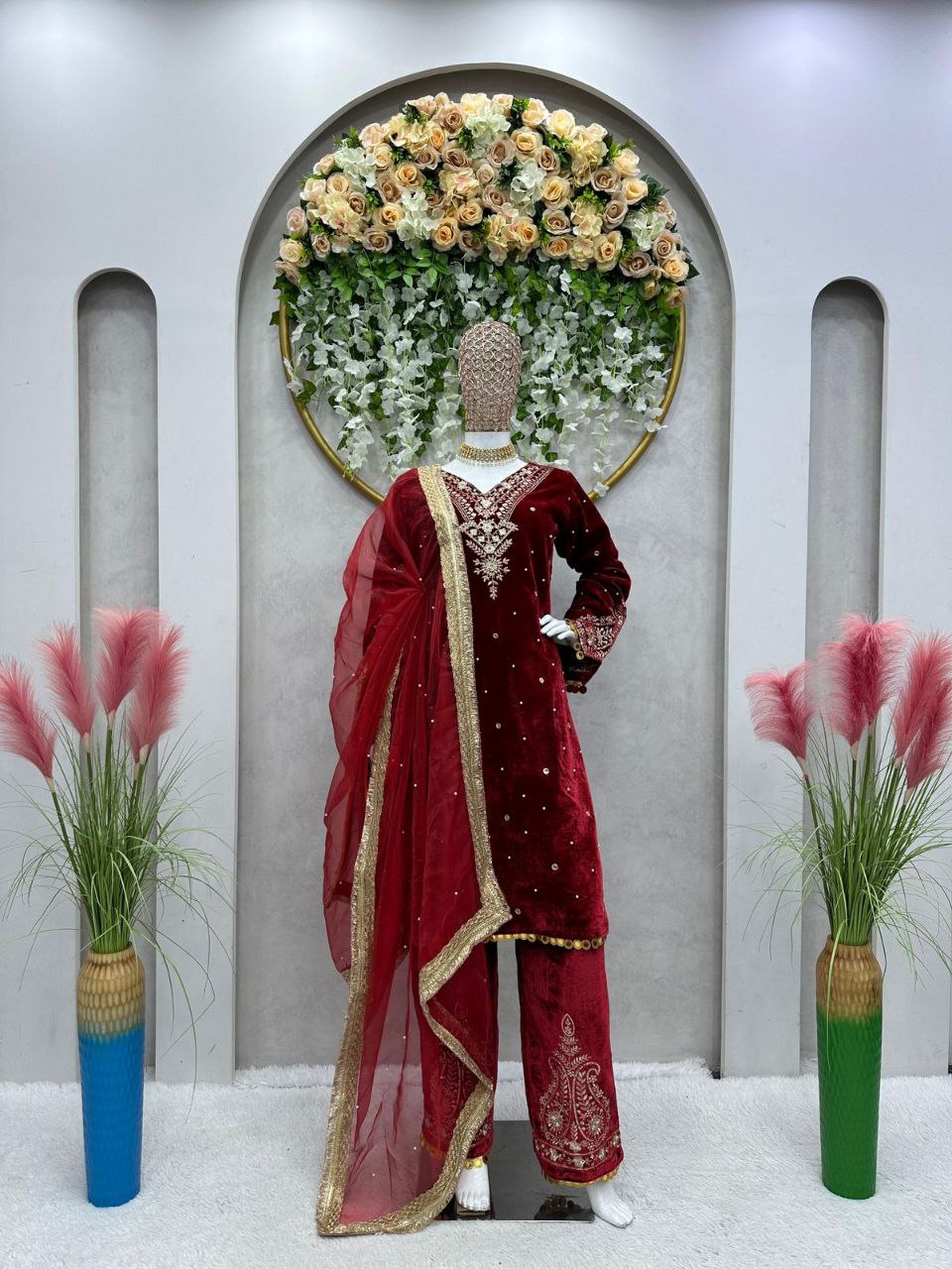 Wedding Wear Velvet Embroidered Fully Stitched Salwar Suit