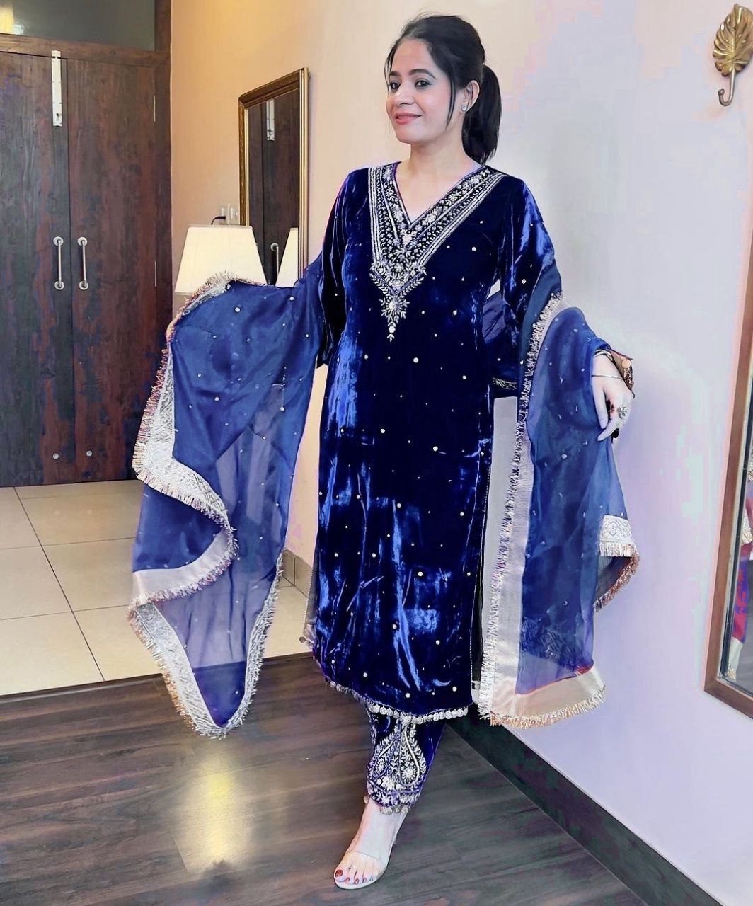 Wedding Wear Velvet Embroidered Fully Stitched Salwar Suit